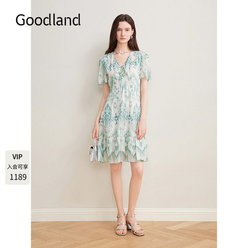 Goodland美地晕染印花真丝连衣裙女夏季收腰a字裙LC35205320