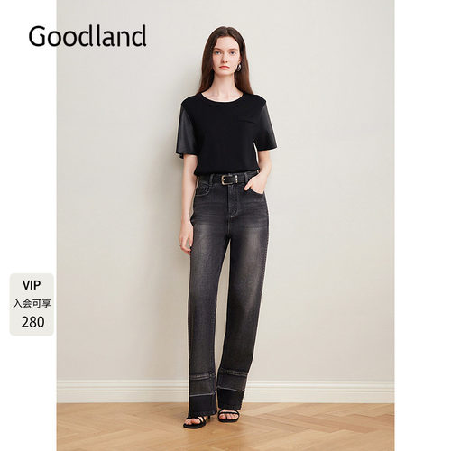 Goodland美地女装2025夏季新款拼接pu皮天丝短袖T恤上衣宽松