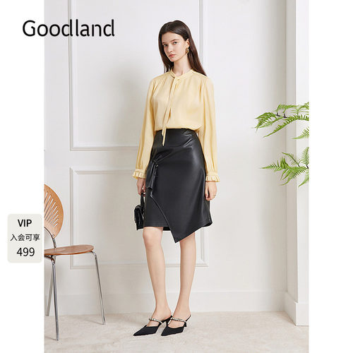 Goodland美地女装2025秋新款鹅黄色蝴蝶结长袖衬衫上衣LC35330090