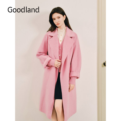 Goodland美地粉色羊毛羊驼毛西装领大衣外套女LC34580160