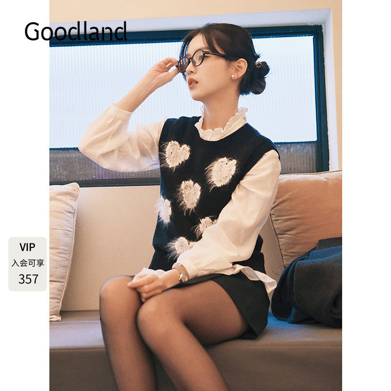 Goodland美地女装爱心刺绣仿貂毛针织马甲背心外穿LC35104030
