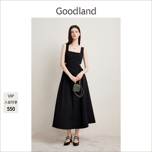 Goodland美地【博主同款】优雅黑色方领镂空露腰吊带连衣裙