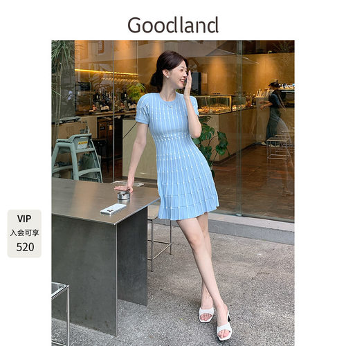 Goodland美地女装【博主同款】撞色提花气质法式针织连衣裙短款