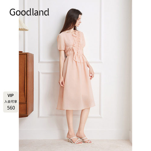 Goodland美地西柚粉色法式荷叶边泡泡纱连衣裙女夏季LC35205150