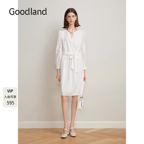 Goodland美地女装2025年春季新款法式刺绣连衣裙女短款小白裙
