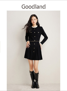 Goodland美地【明星同款】法式花边收腰羊毛针织连衣裙LC34106047