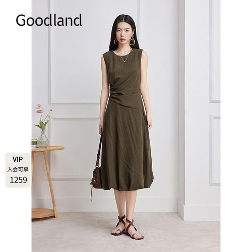 Goodland美地法式田园风褶皱天丝2026夏新款无袖连衣裙LC36205360