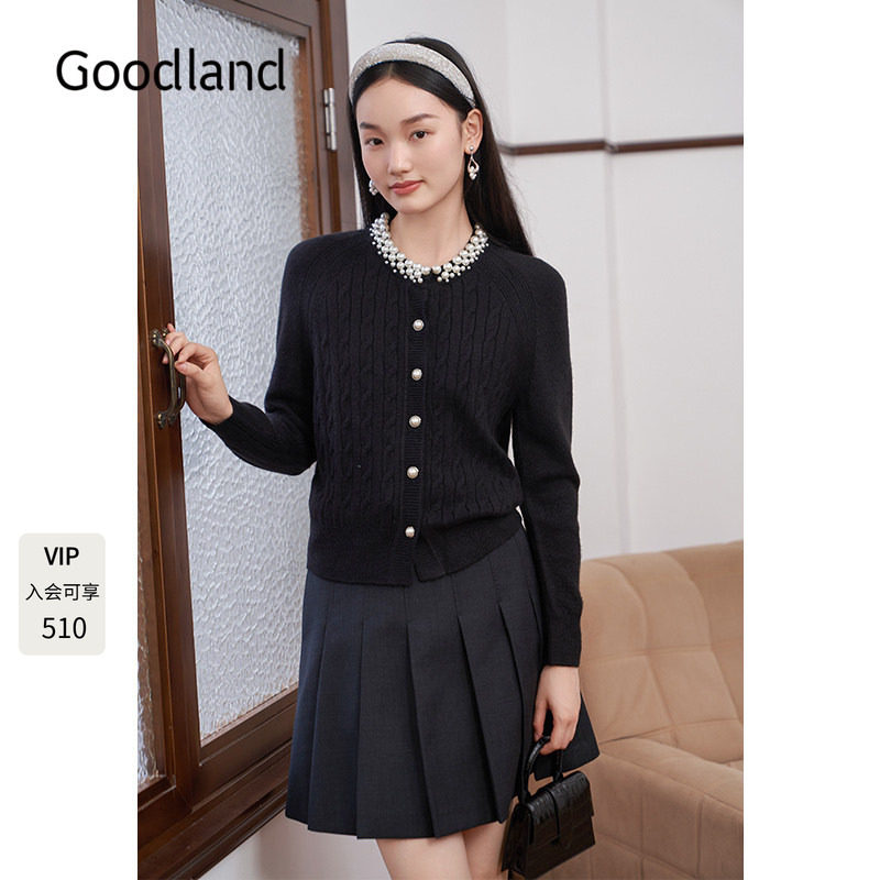 Goodland美地羊毛混纺法式珍珠圆领针织开衫女外套秋LC34506100