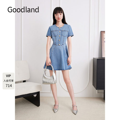 Goodland美地牛仔连衣裙女夏季圆领收腰a字显瘦LC35305170