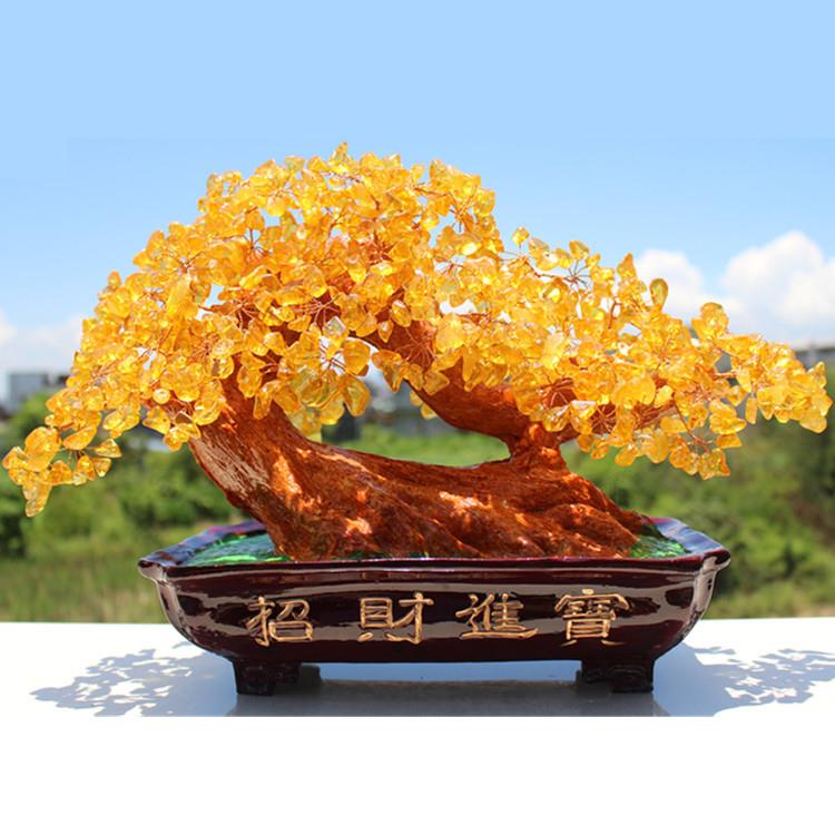 黄水晶发财树迎客松摇钱树客厅酒柜招财摆件创意家居装饰开业礼品