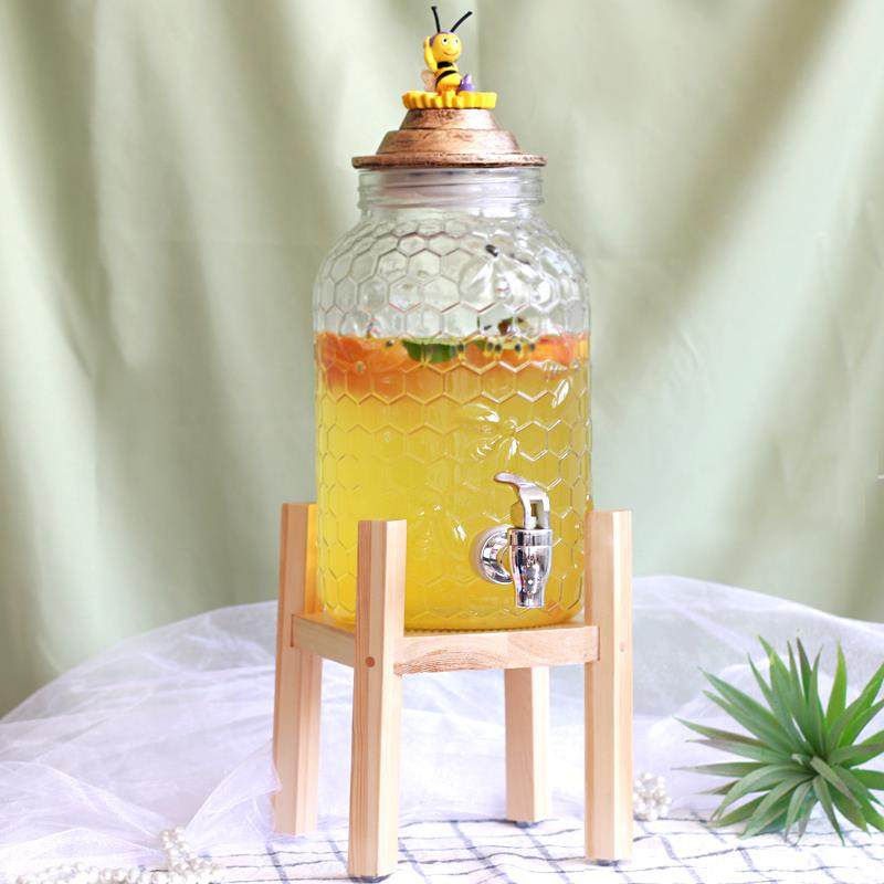 欧式玻璃果汁罐不耐热带龙头甜品台酒店餐厅饮料桶5L冷水壶带木底