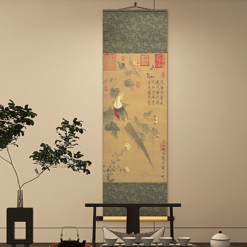 中式餐厅玄关f复古卷轴挂画赵佶芙蓉锦鸡图国画竖版客厅书房装饰