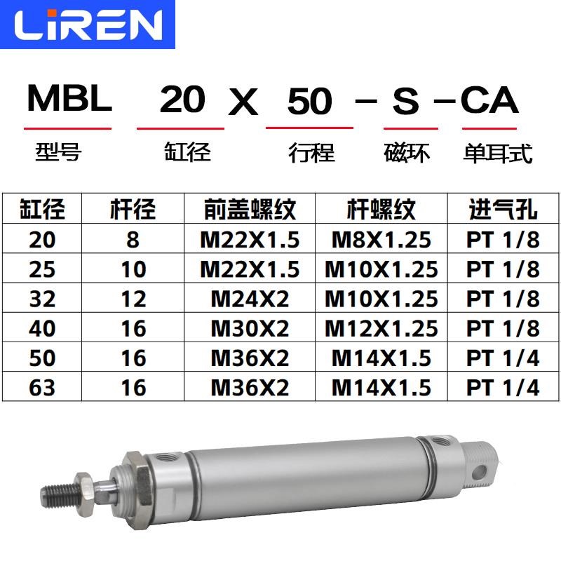 MBL迷你气缸20 25 m32 40 50 63X50X75X100X200CA-SU铝合金圆型缸