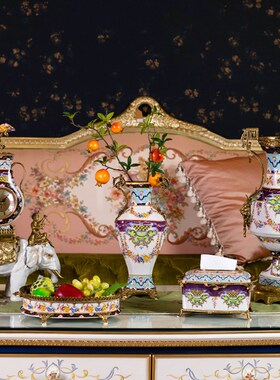 欧美法式花瓶手绘瓷o镶铜覆古典奢华客厅装饰盒果盘托盘高端档摆