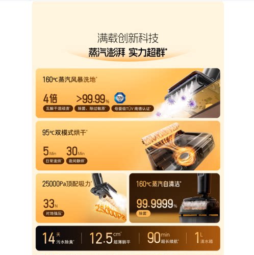 石头A30 Pro Steam Smart洗地机 160℃蒸汽25kpa吸力自清洁