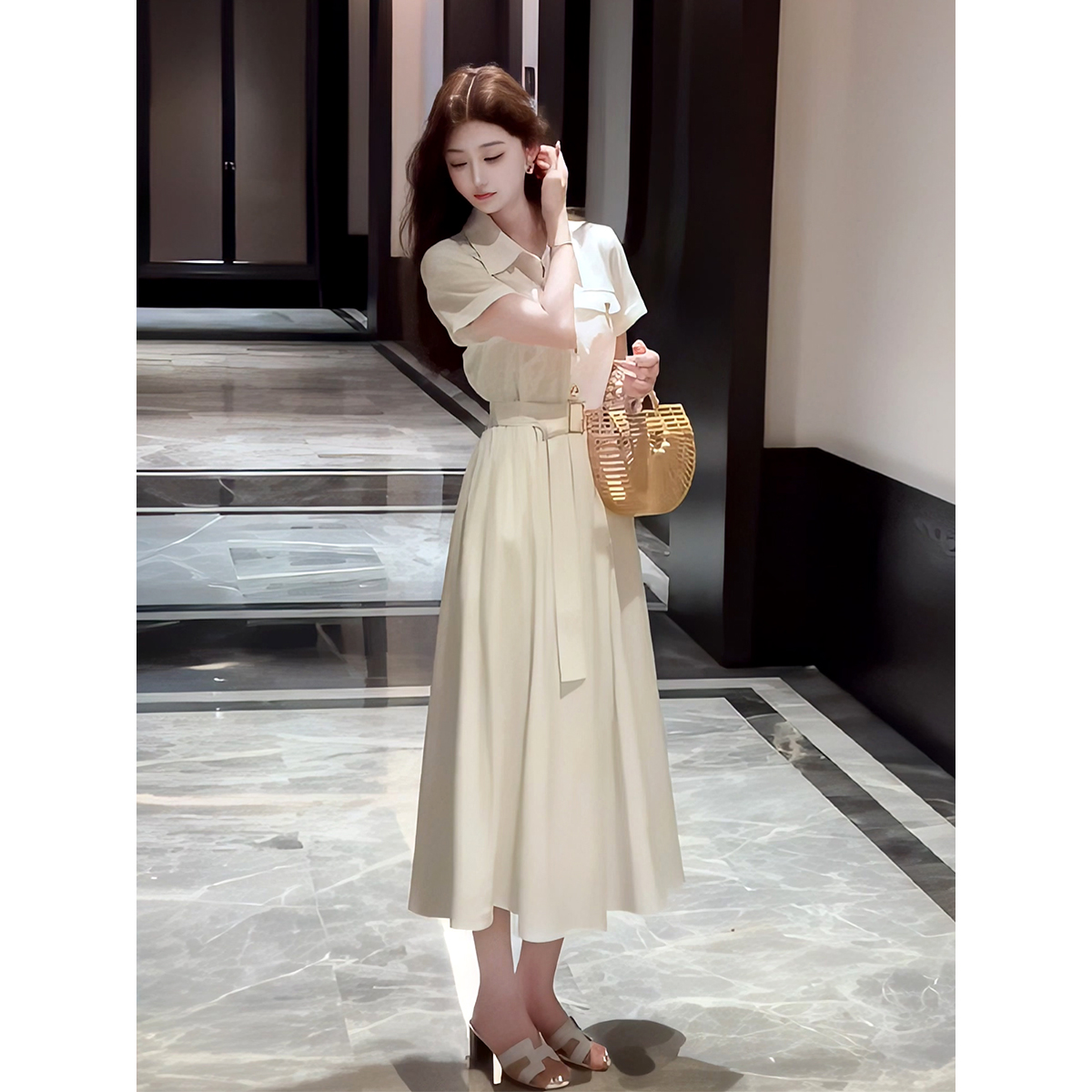 法式温柔风氛围感短袖衬衫连衣裙女夏季新款收腰显瘦超火A字长裙