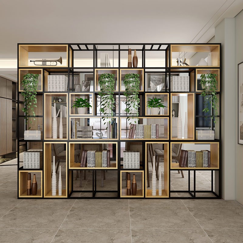 落地式铁艺框架实木书架办公室大厅装饰隔断客厅简约新款展示架