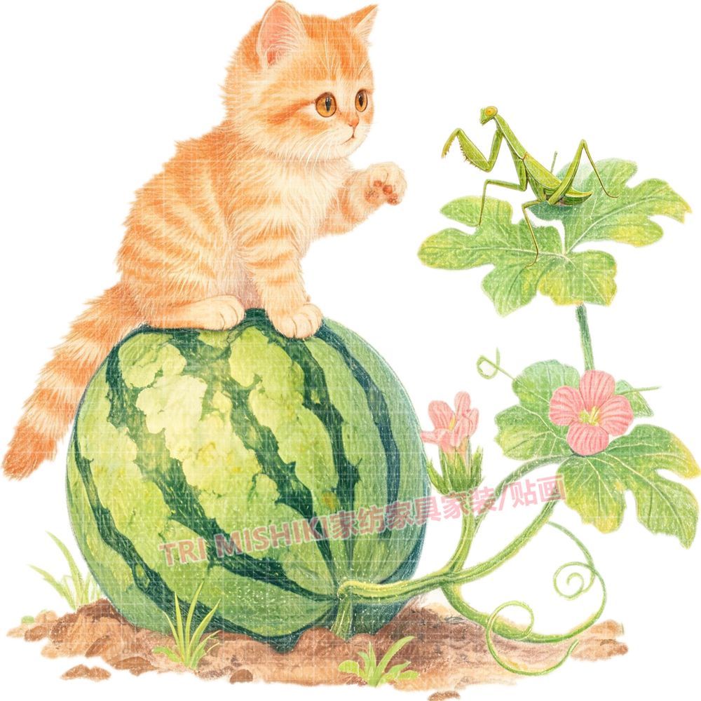 西瓜地里的橘猫贴纸可爱卡通小猫