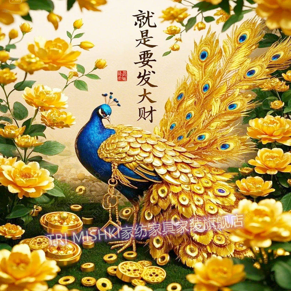 金孔雀开屏贴画新年爆款墙上装饰画转运发大财客厅门贴自粘防水画