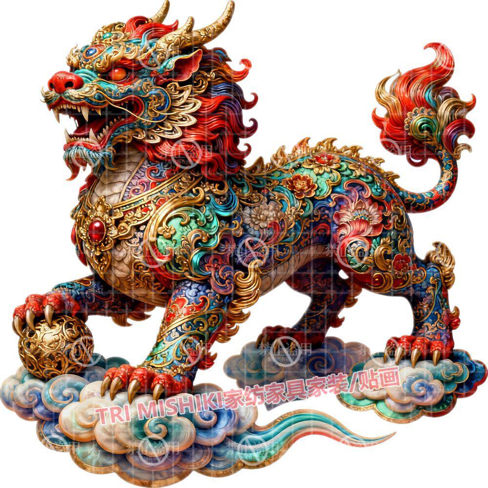 镇压四方麒麟瑞兽贴纸壁画客厅玄关自粘墙贴霸气护宅平安吉祥门贴