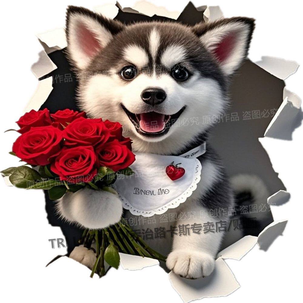 可爱哈士奇狗狗贴纸3d视觉破墙自