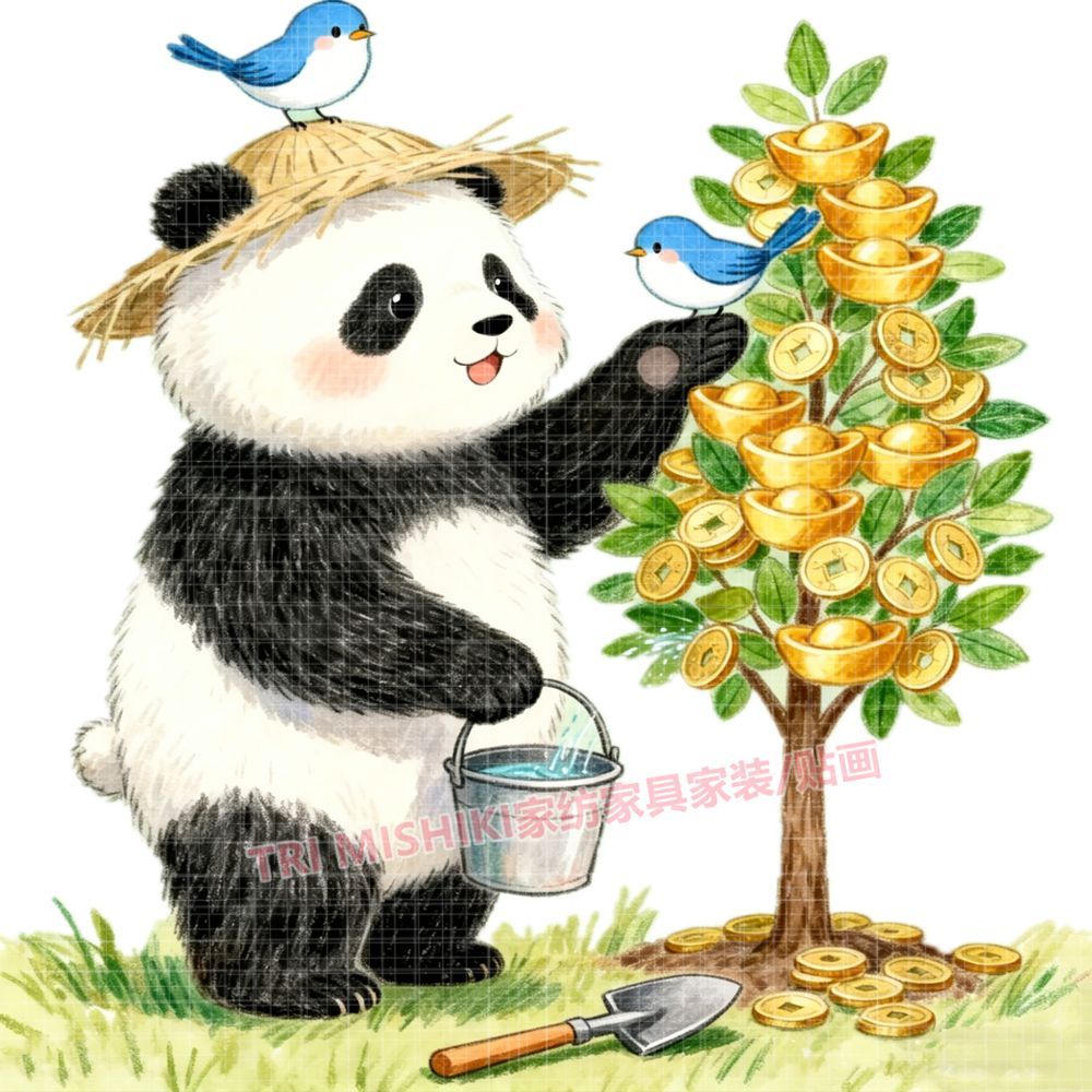 可爱熊猫摇钱树自粘墙贴