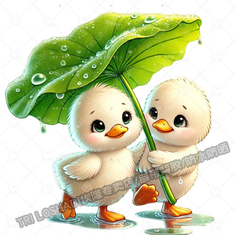 治愈系荷叶荷花遮雨的小鸭子自粘贴纸电动车汽车防水贴画墙上冰箱