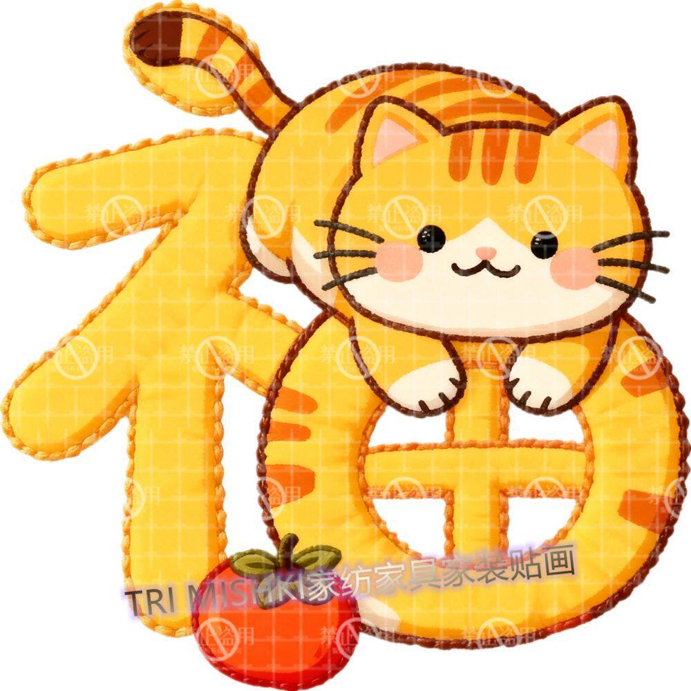 橘猫福字可爱卡通自粘墙贴儿童房卧室门窗贴画新年福气满满自贴画