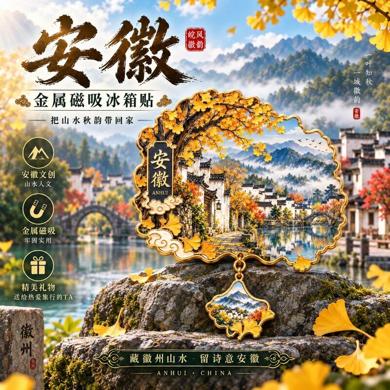 2026新款安徽徽州银杏吊坠金属磁吸冰箱贴徽派水乡文创旅游纪念品
