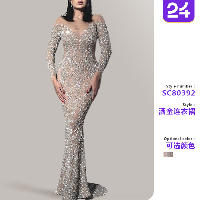2025春季新款 欧美女装烫金长袖修身性感长裙宴会晚礼服