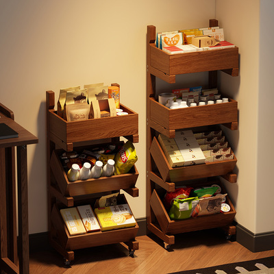实木零食架收纳筐可移动小推车