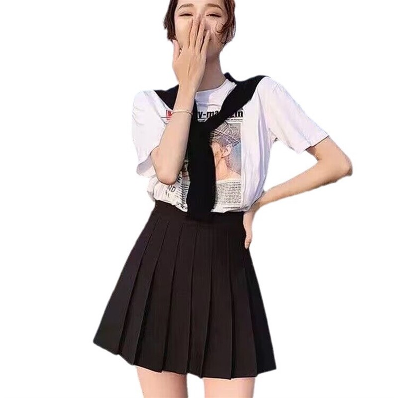 新款高腰b显瘦抗皱西装面料百褶裙女半身裙小个子学生装短裙学院