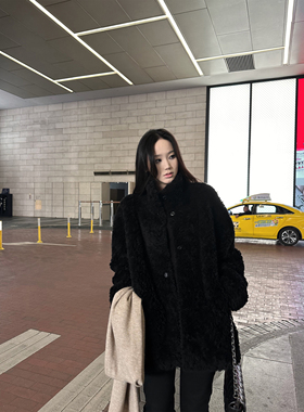 5werkwen 慵懒过冬 立领羊羔毛皮毛一体皮草黑色加厚外秋冬套女