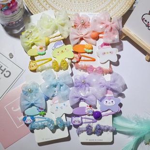 新款卡通发饰可爱儿童发夹布艺蝴蝶结边夹女孩马尾金属发卡套装