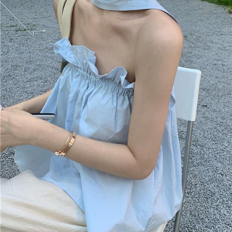 韩版甜美木耳边挂脖吊带背心女夏宽松褶皱减龄休闲高级感抹胸上衣