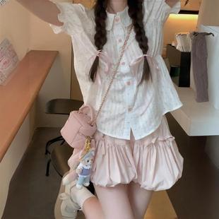 连衣裙 欧若风娃娃领正肩短袖 衬衫 搭配一整套装 裙女甜美温柔泡泡袖