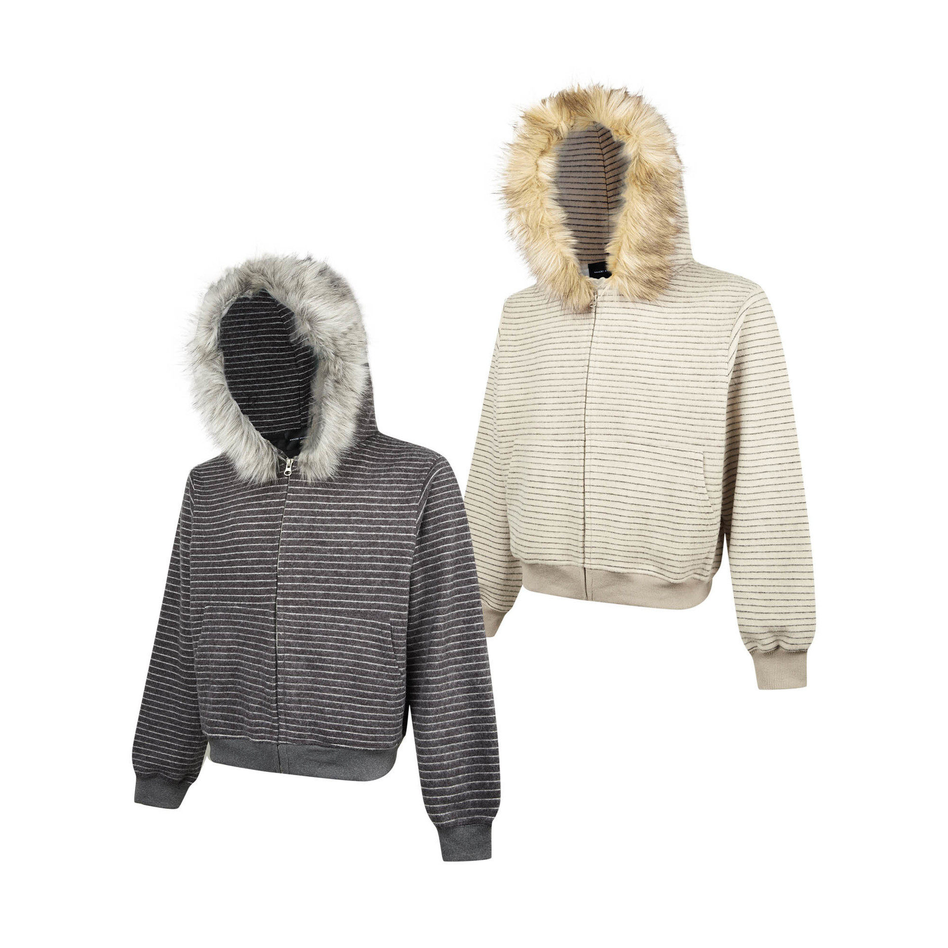 EME 400g座山雕毛领卫衣条纹绒感通勤舒适宽松boxy连帽外套男女