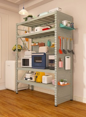 灰绿色洞洞板厨房l置物架餐边柜靠墙一体落地多层微波炉烤箱收纳