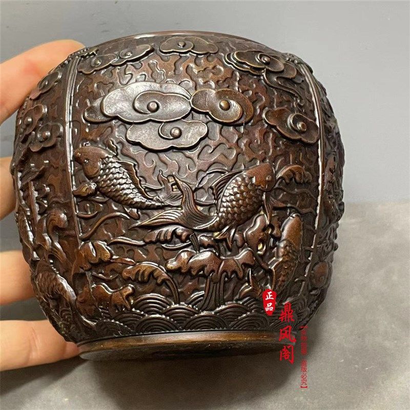 纯铜大号浮雕鱼龙戏珠茶叶罐带盖密封防潮储物罐高档茶具储茶罐,家居饰品,桌面摆件,淘宝优惠券,粉丝福利购,淘宝优惠卷