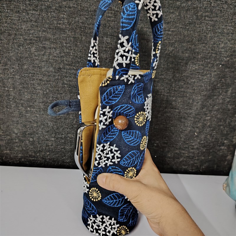 传家壶迷你收纳袋保护套杯套刺绣经典蓝高档露手把帆布布袋便携款