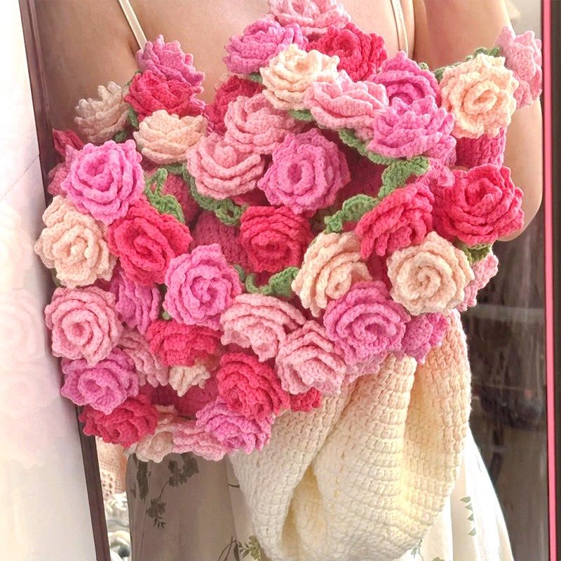 渐变色玫瑰花毯子材料包毛线花束毛毯钩针编织手工diy花朵钩织送