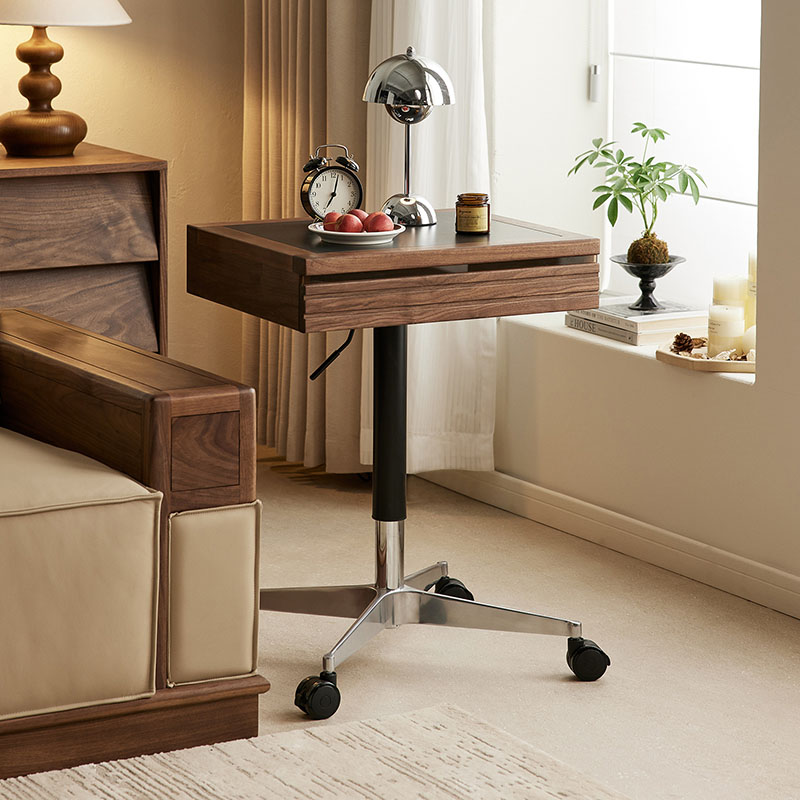 黑胡桃木可移动边几带轮可升降乌金石小边几床头柜V沙发侧边柜整