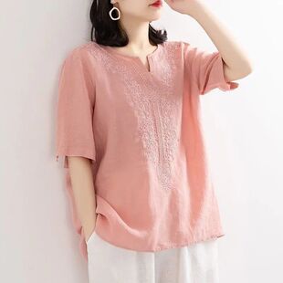 套头上衣 2025夏季 新款 复古文艺刺绣纯棉t恤衫 宽松显瘦V领纯色短袖