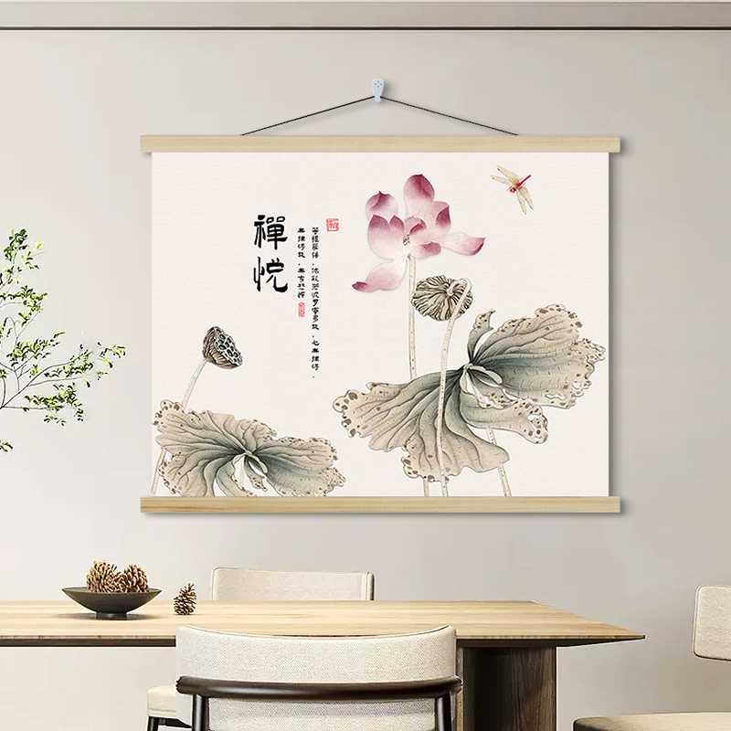 新中式餐厅装饰画水墨荷花饭厅挂画禅意电表箱装饰遮挡壁画挂布画图片