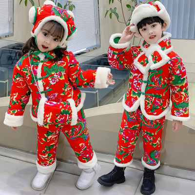 东北大花棉袄男女童冬季加绒套装儿童新年拜年服姐弟装宝宝超好看