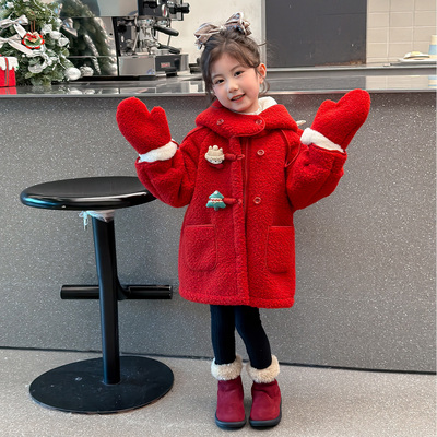 圣诞女童红色连帽呢子大衣加绒加厚羊羔绒女孩冬季中长款新年外套