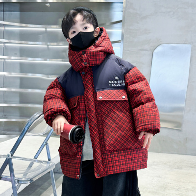 男童冬季羽绒棉服2025新款儿童加厚红色格子棉袄大童男孩棉衣外套