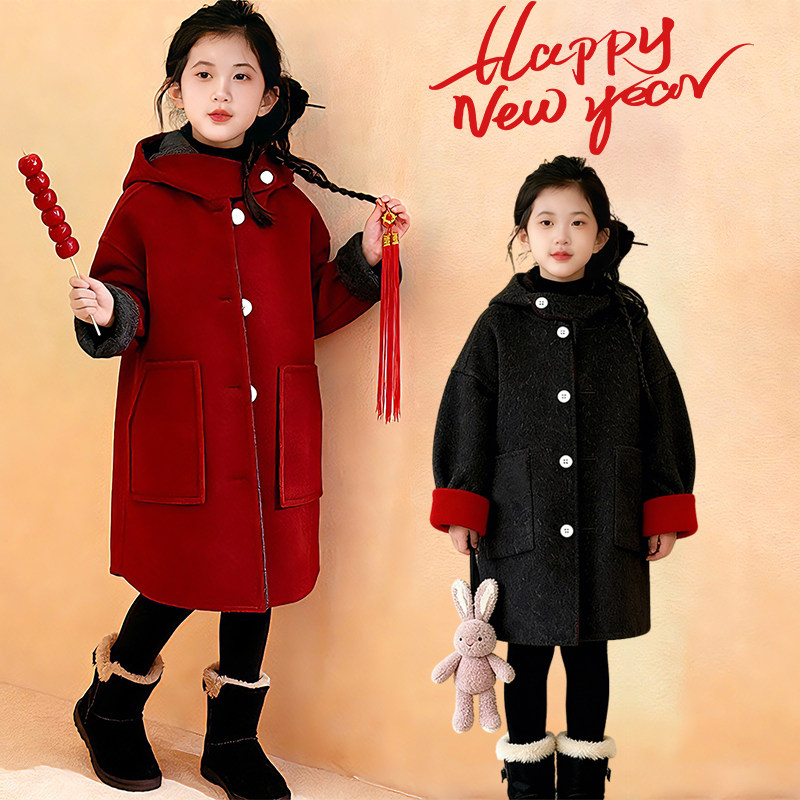 女童红色呢子大衣2026新款中大童双面穿毛呢女孩拜年服过年外套