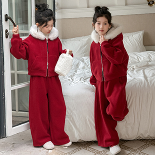 亲子装冬季2025新款女童套装中大童加绒加厚母女装新年过年服外套