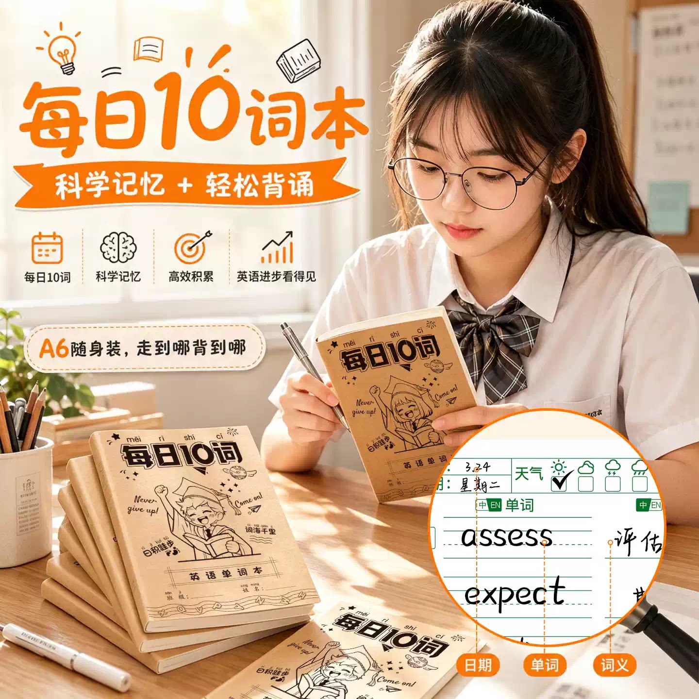 每日10词英语单词本艾宾浩斯记忆本听写本A6小学生初中生便携单词记背神器口袋本三四年级默写本子背诵随身